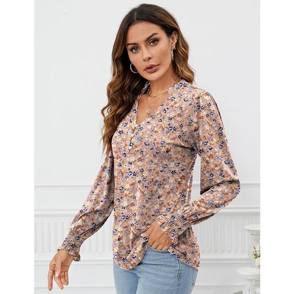 Rapbin NWT Rose Pink Ditzy Floral V-Neck Long Sleeve Puff Ruffle Cuff Top Sz L - Picture 9 of 12